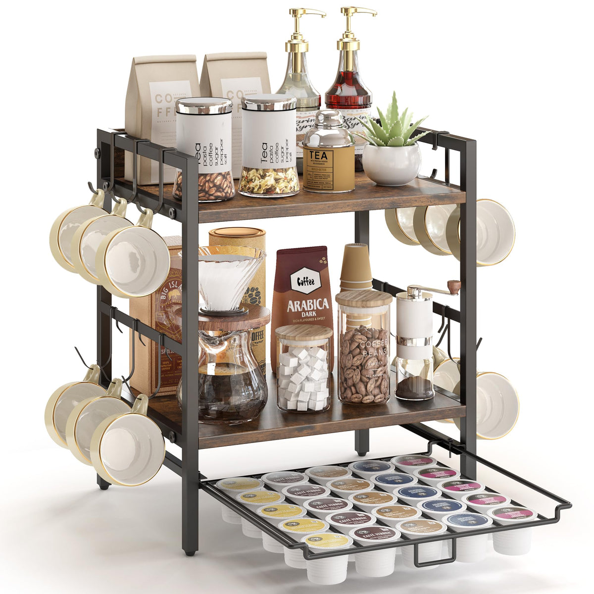 RUILALIFE coffee bar organizer with left-side mug hooks for quick access