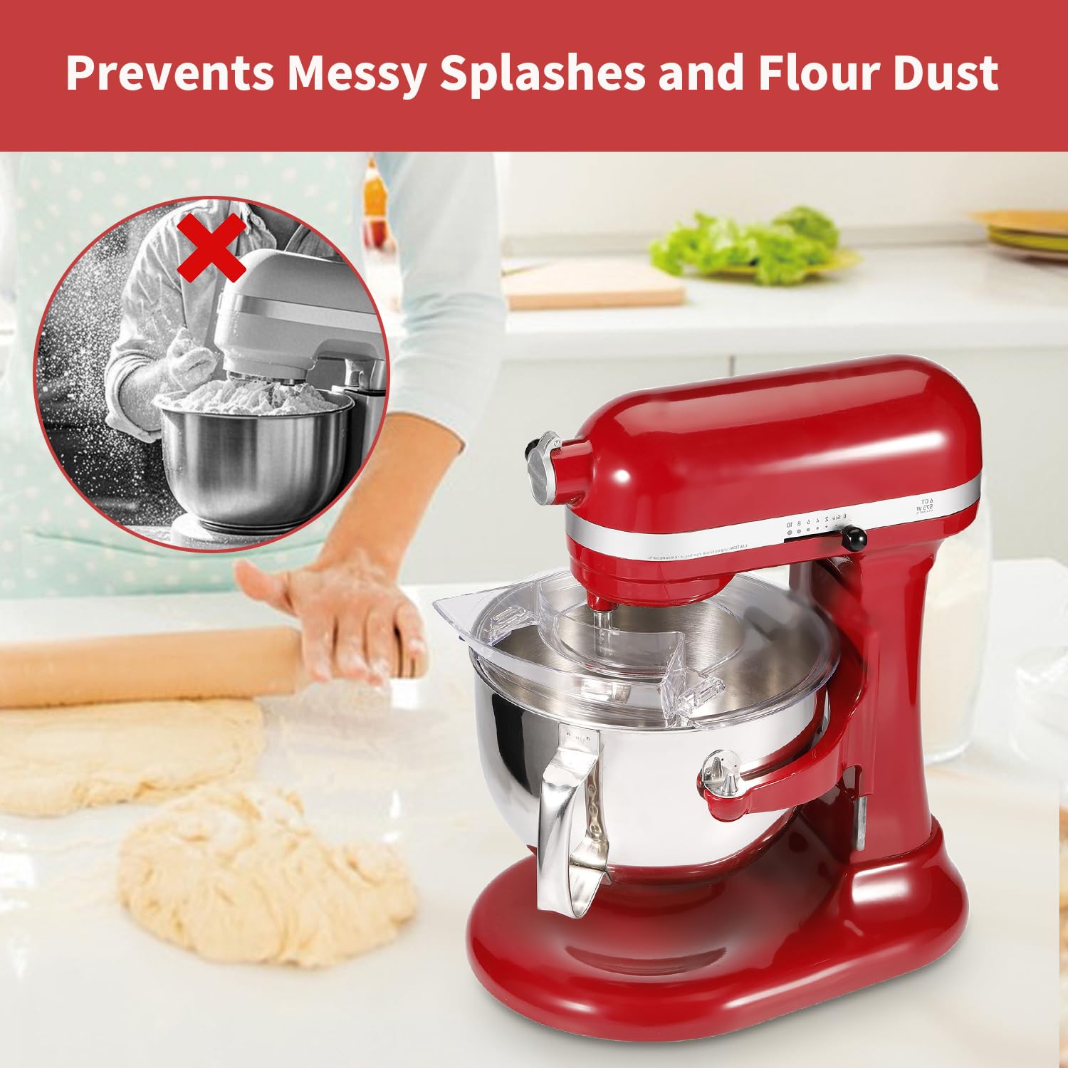 Ruioaw splash guard with pouring spout reduces splashes during mixing.