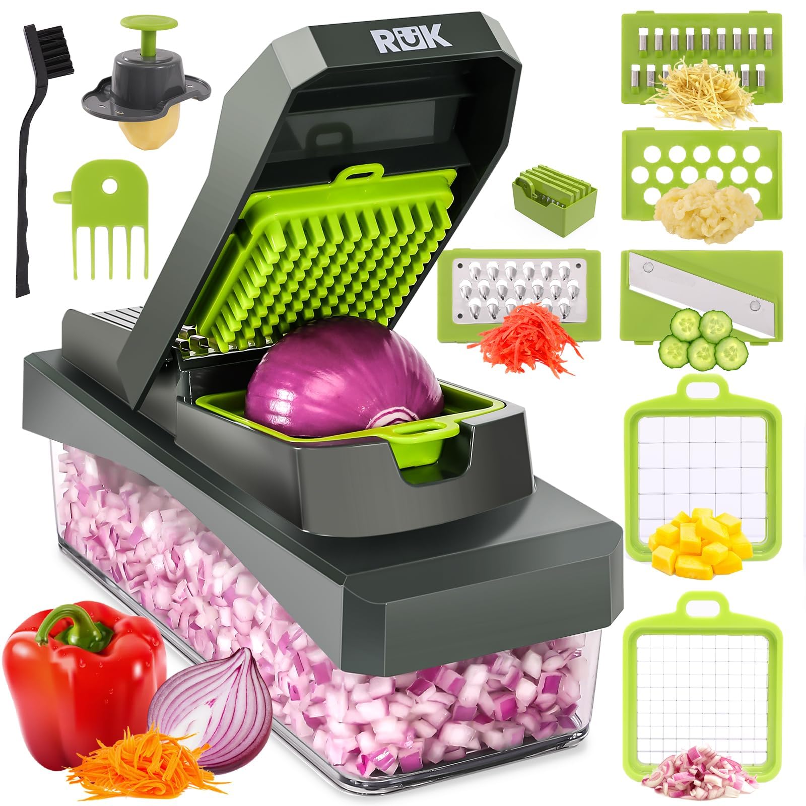 RüK 10-in-1 Vegetable Chopper gray front view demonstrating compact all-in-one prep solution for quick meals