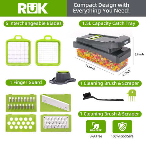 RüK 6-blade set stainless steel showcasing versatility for potatoes, onions, and cheese