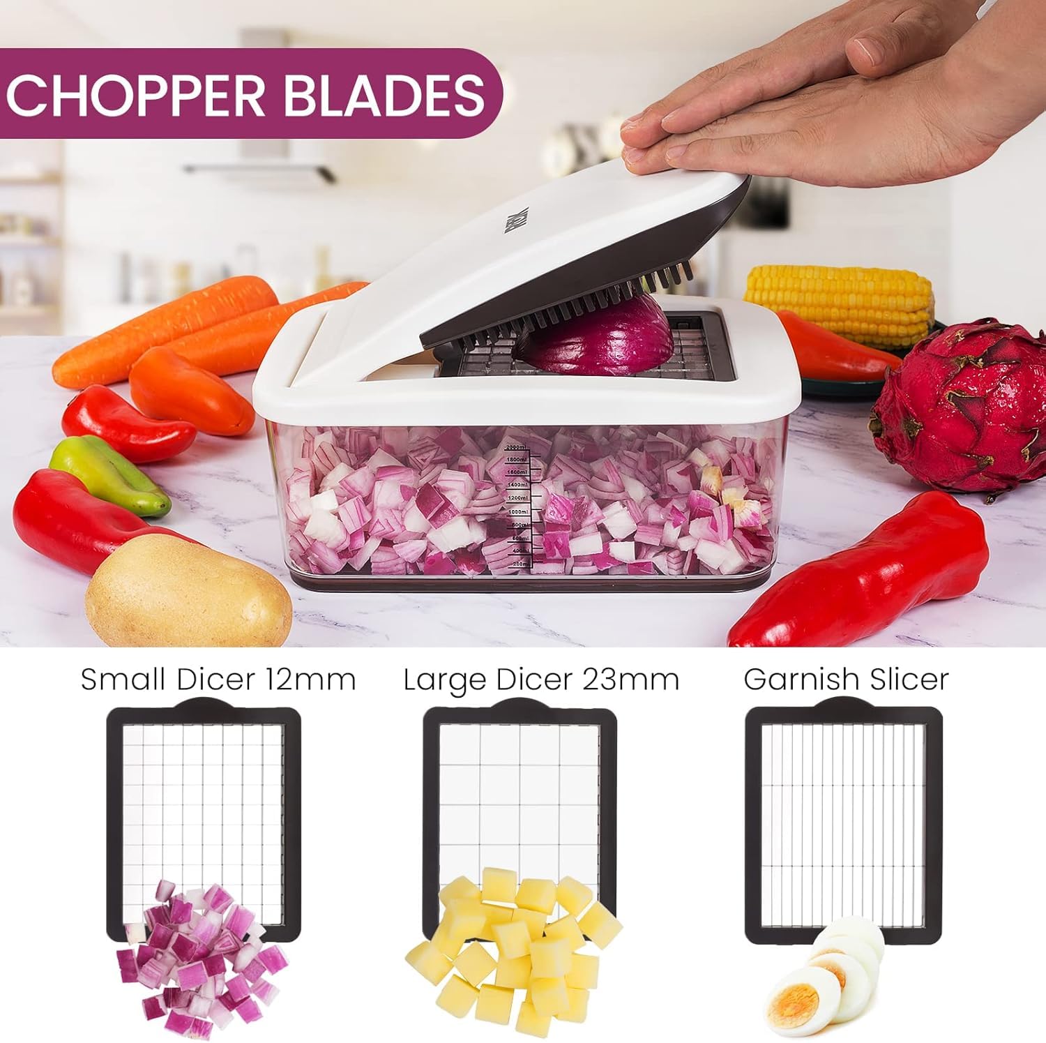 RüK vegetable chopper four-spiralizer blades create varied veggie shapes for salads