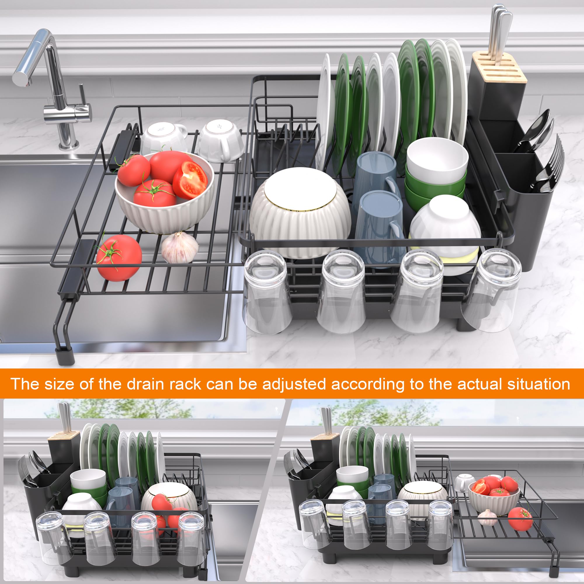 Runnatal dish rack drainboard directs water into the sink for tidy counters