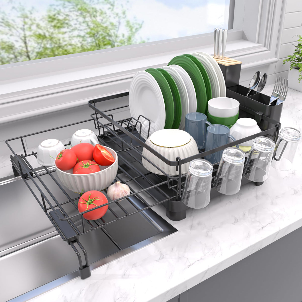 Runnatal over-sink drying rack expanded to fit larger cookware, keeping counters clear