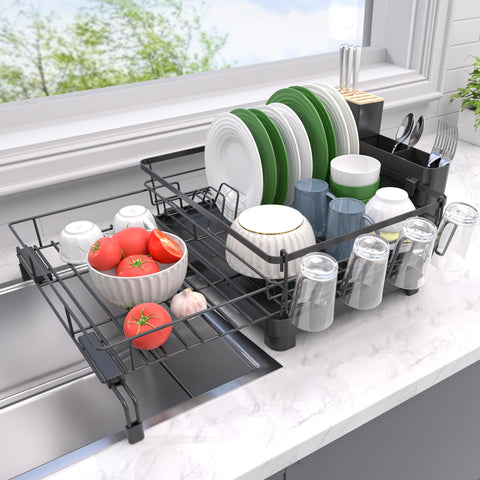 Runnatal over-sink drying rack expanded to fit larger cookware, keeping counters clear