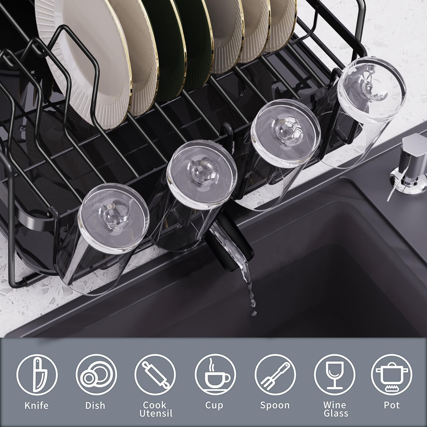 Runnatal dish rack includes a cup holder for space-saving, efficient drying.