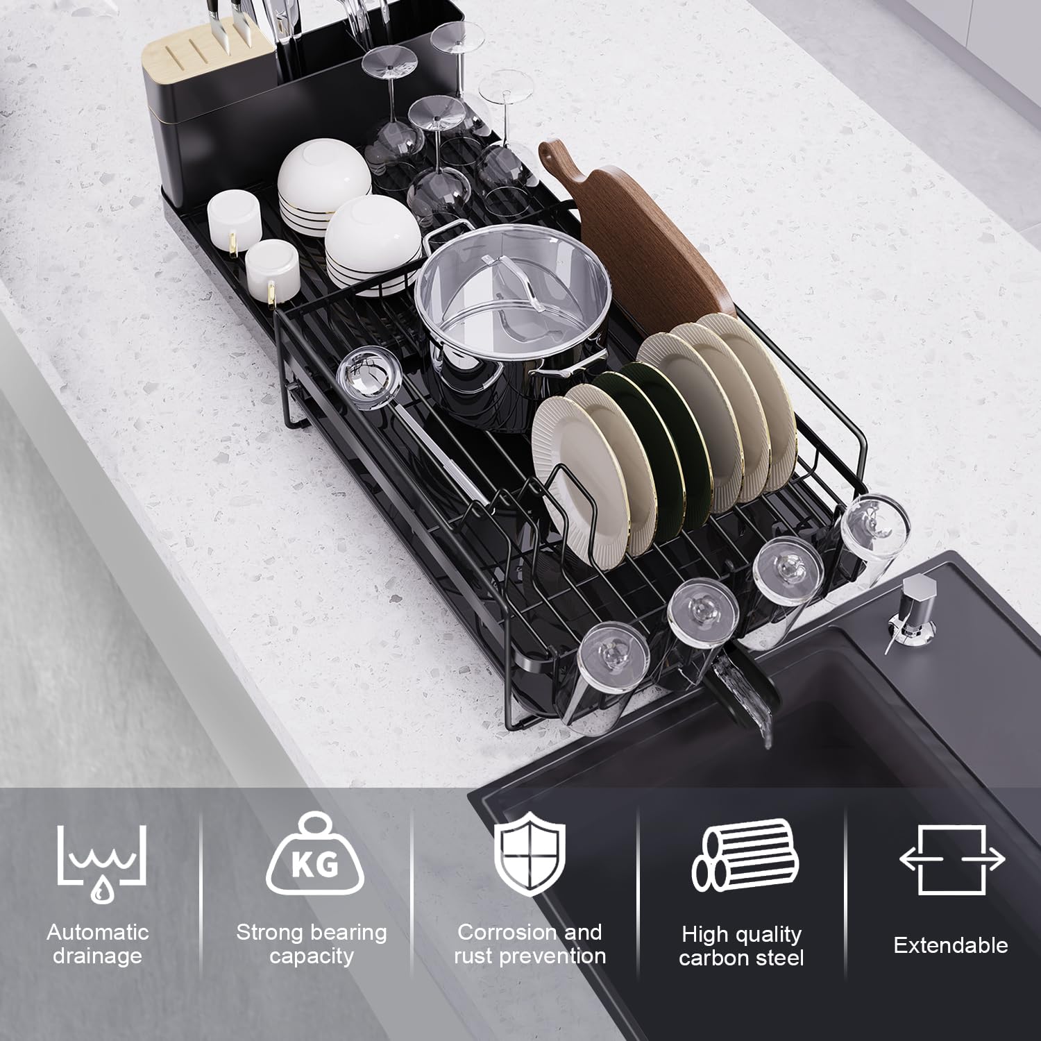 Runnatal dish rack with detachable cutlery box for organized utensils and drawers.