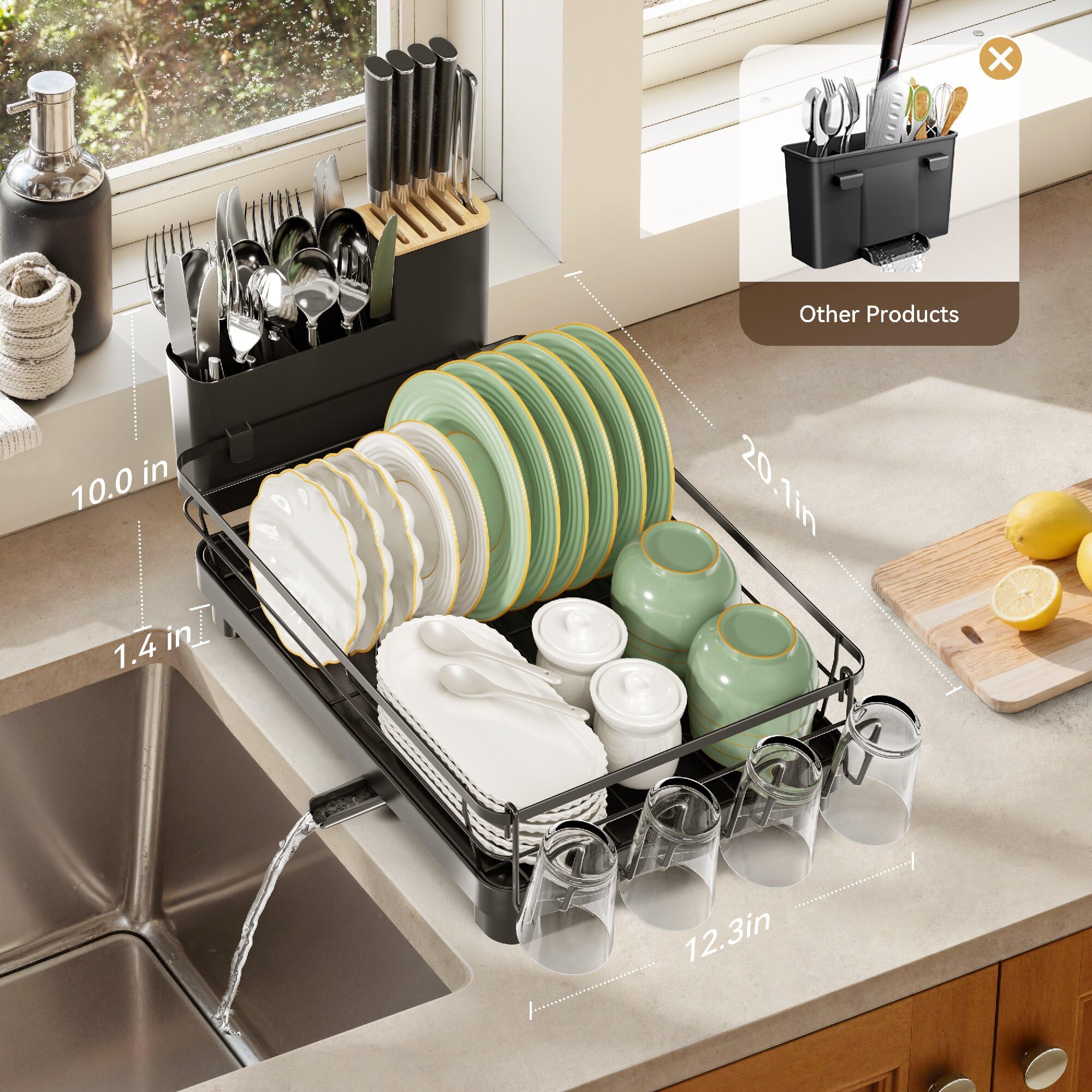 Runnatal dish rack holds plates and bowls efficiently on the counter.