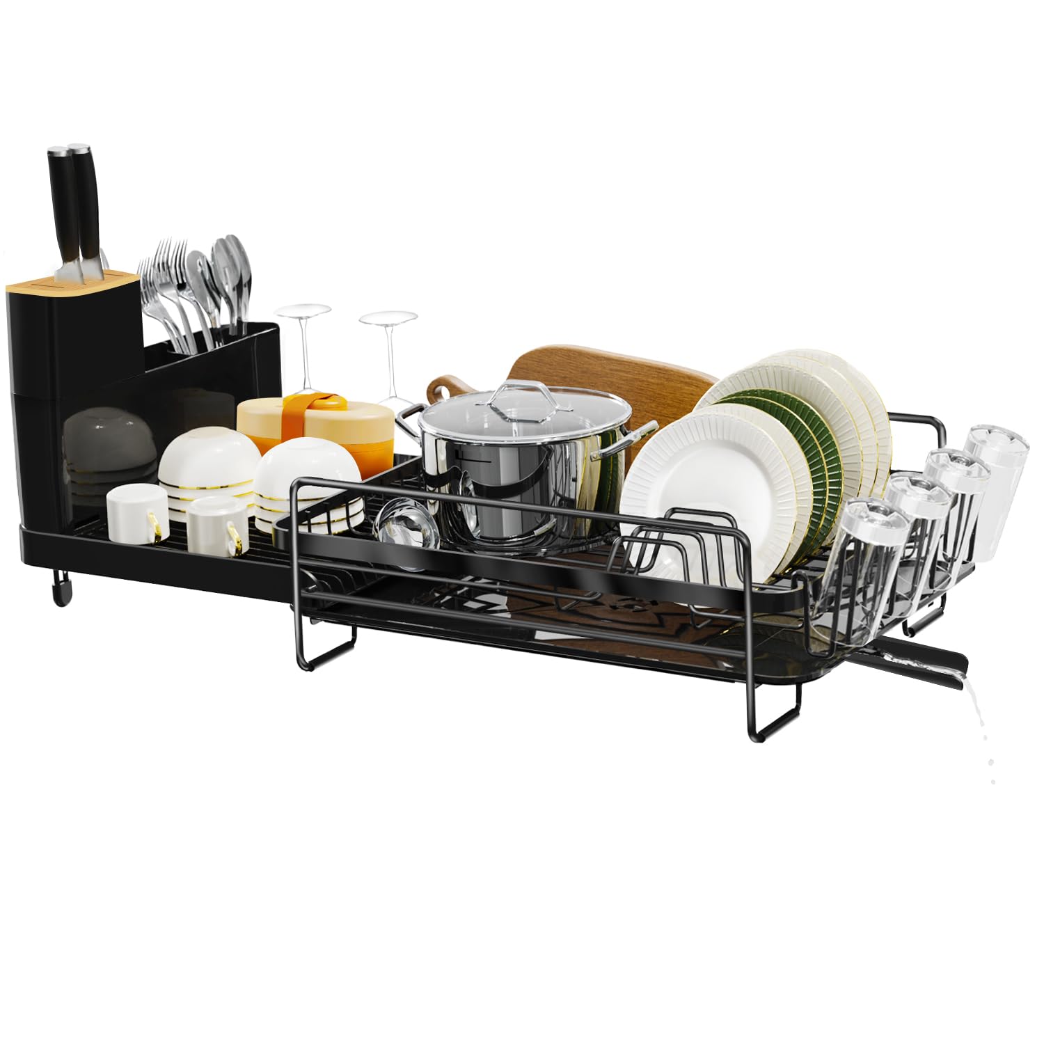 Runnatal large dish drying rack with drainboard keeping water off the counter while air drying.