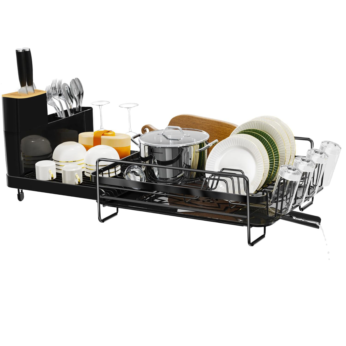 Runnatal large dish drying rack with drainboard keeping water off the counter while air drying.
