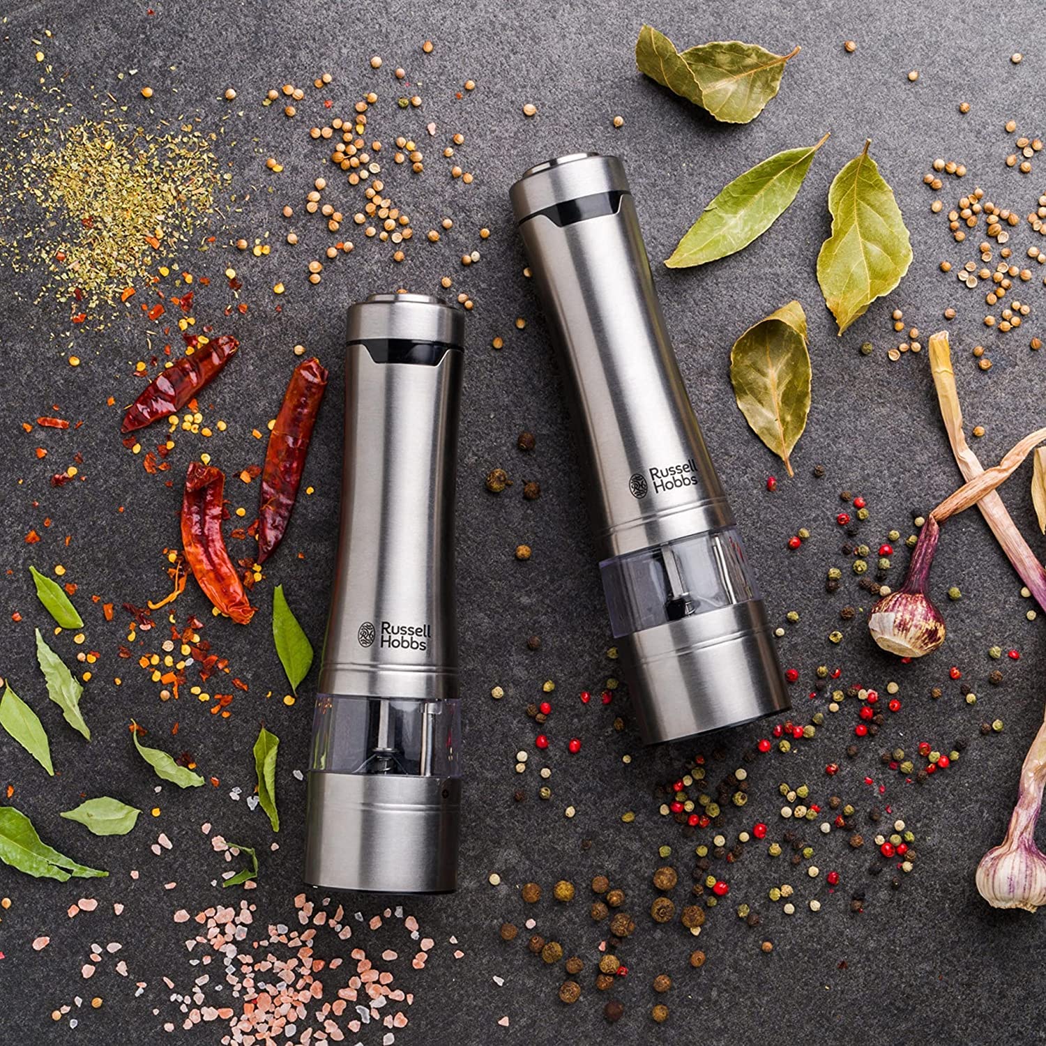 Russell Hobbs brushed stainless salt grinder highlights durability and timeless kitchen style.