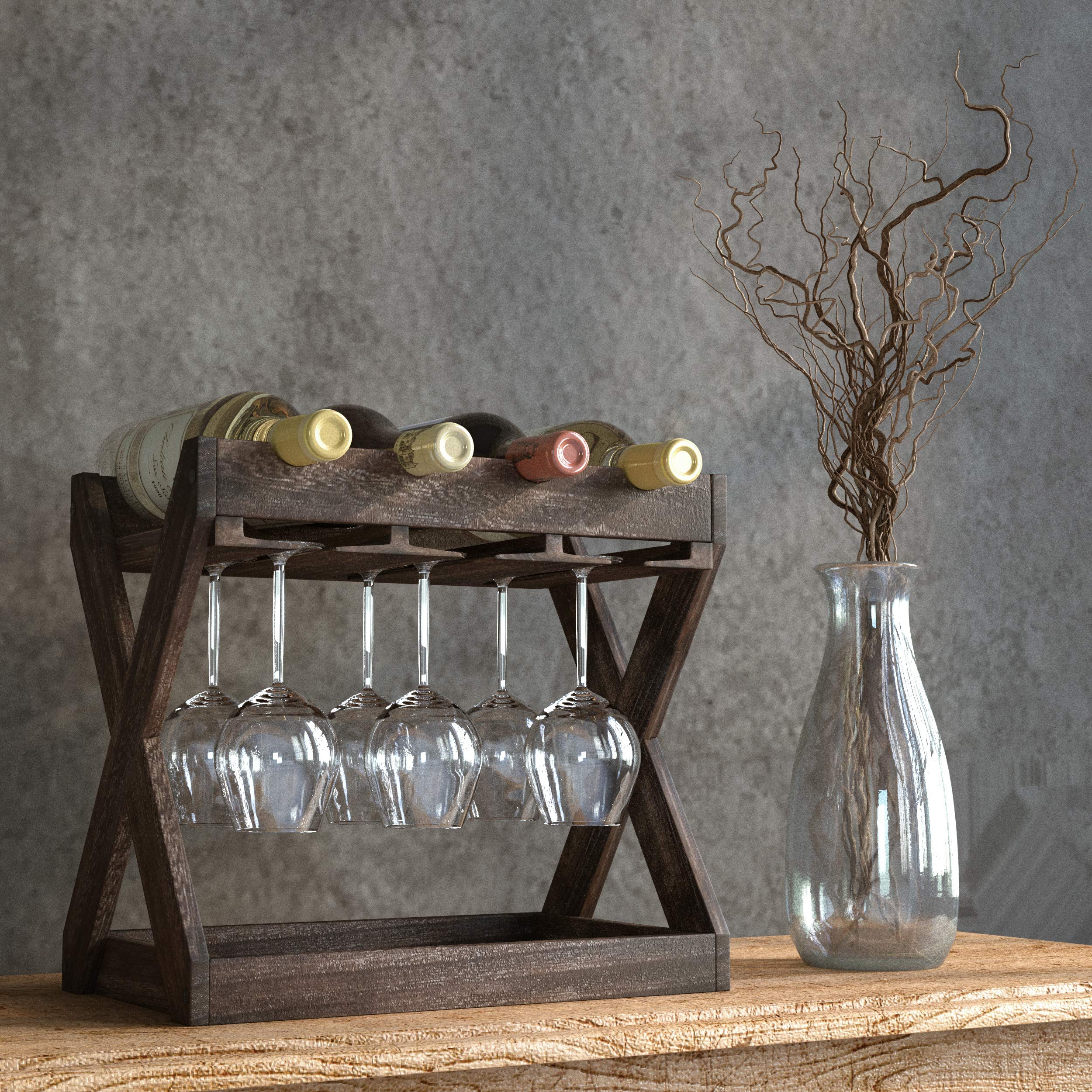 Rustic State cava wine rack side profile highlights vertical organization and stability.