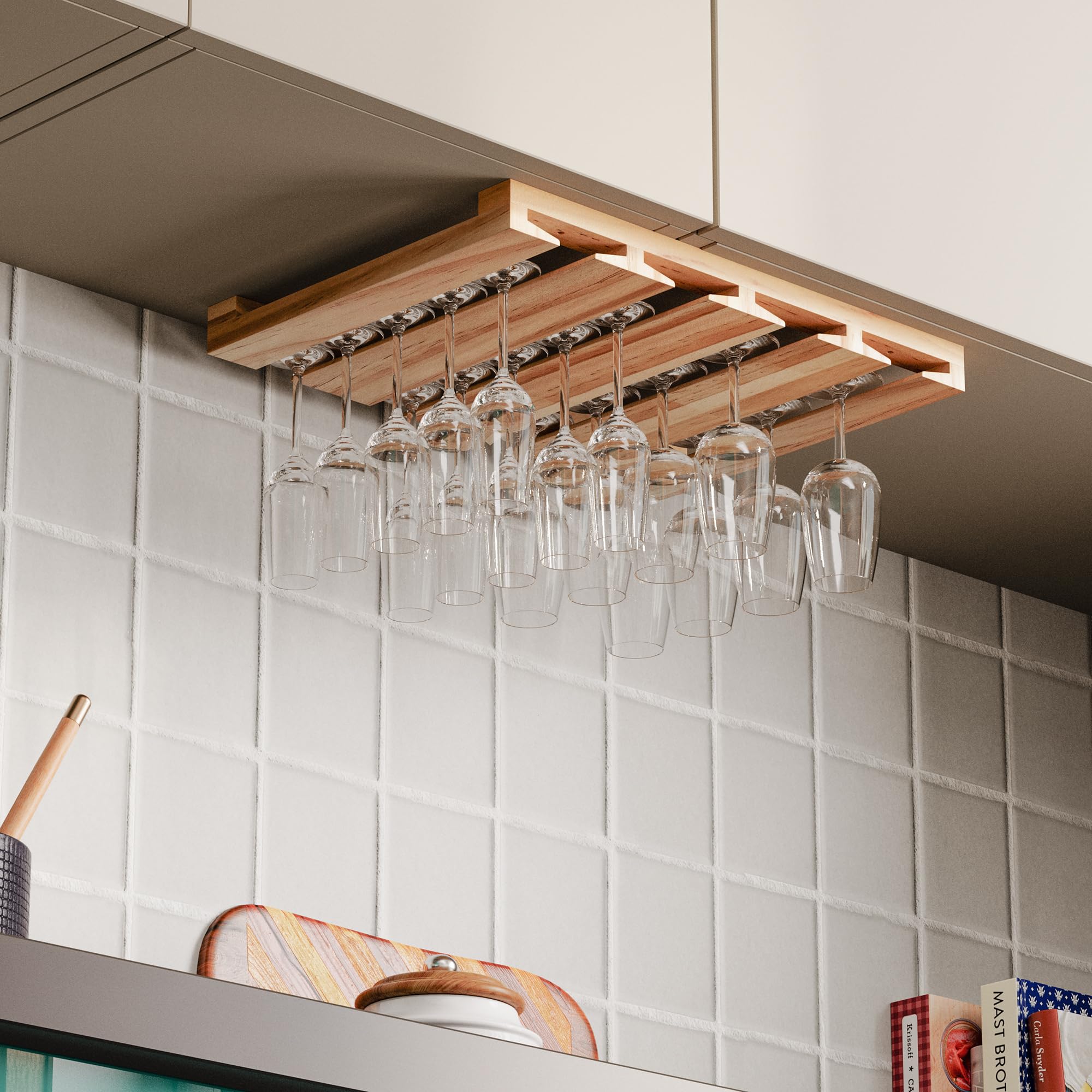 Rustic State Eze wooden glassware holder protects stems while saving counter space.