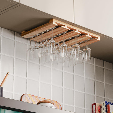 Rustic State Eze wooden glassware holder protects stems while saving counter space.