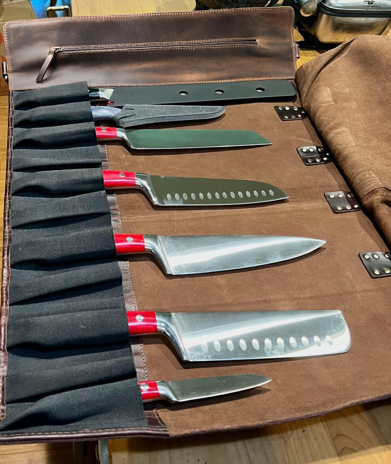 Rustic Town knife roll in compact travel form ideal for mobile kitchens