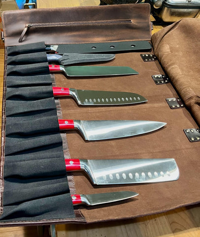 Rustic Town knife roll in compact travel form ideal for mobile kitchens