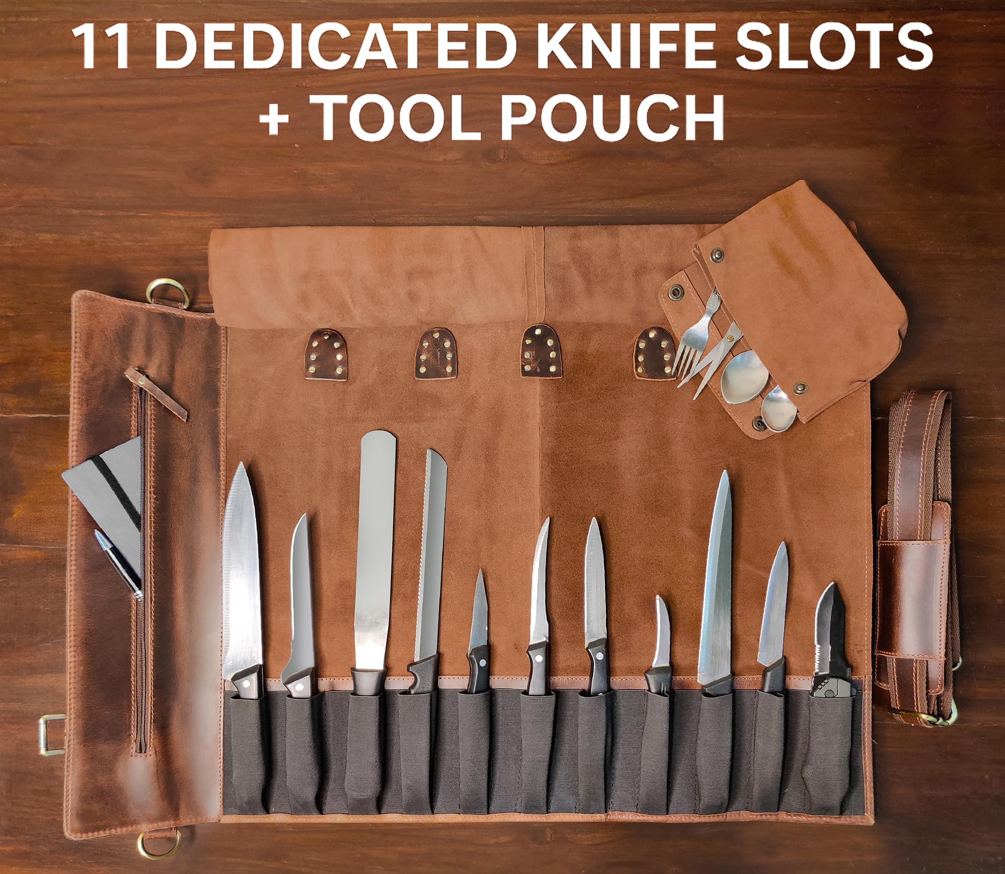 Rustic Town leather knife roll with brass buckles secures tools on the move