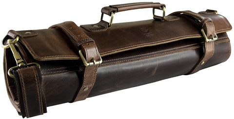 Rustic Town leather knife roll closed, showing 11-slot capacity for organized travel