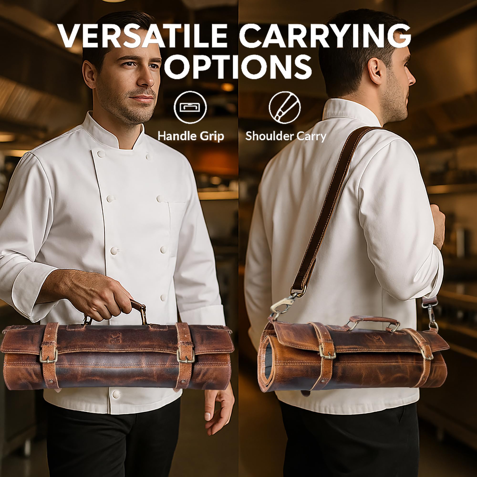 Rustic Town full-grain leather roll is durable for long-term knife protection