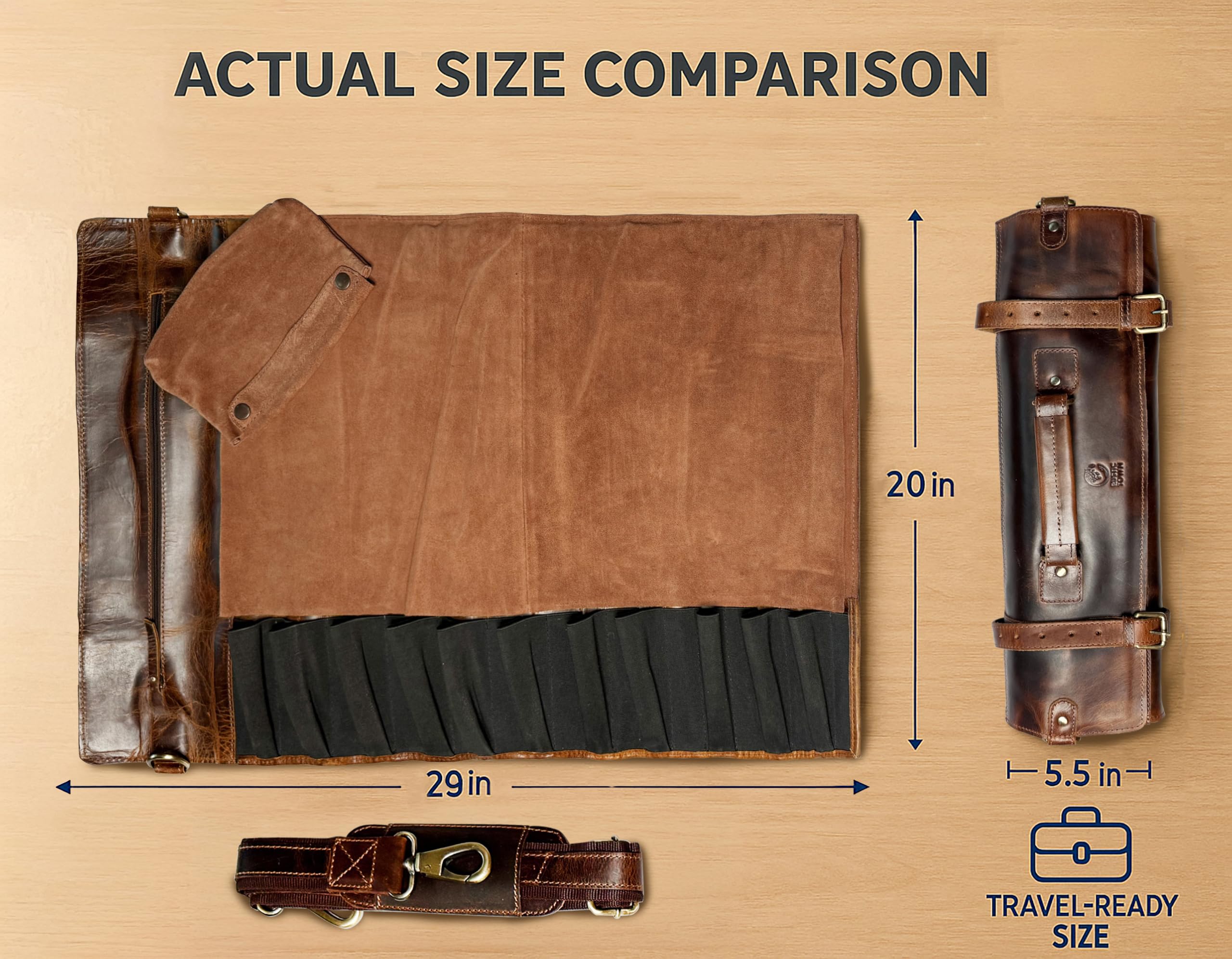 Rustic Town leather knife roll open, blades visible for quick access during prep