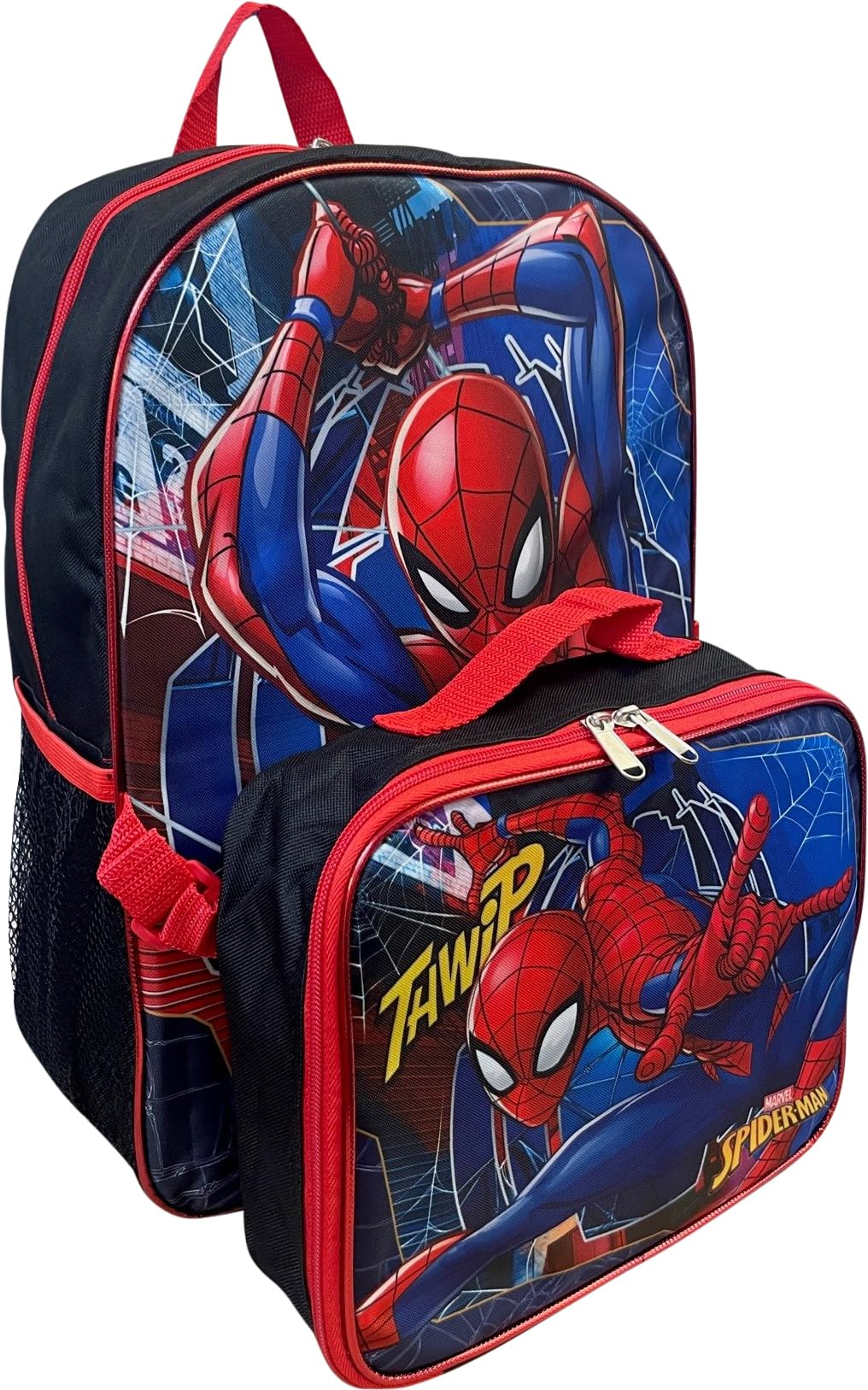 Ruz Spider-Man backpack side pocket for convenient bottle storage.