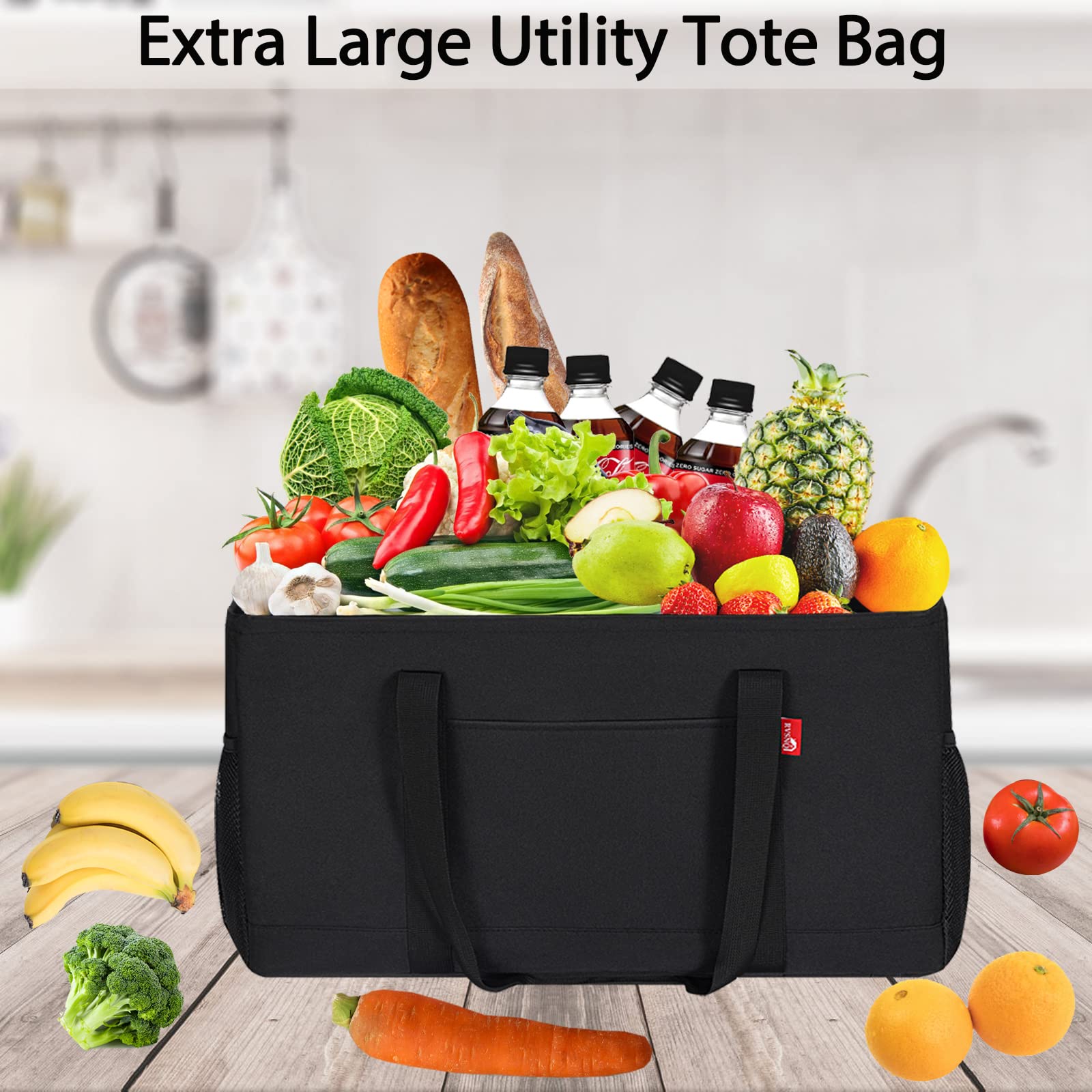 RVSNQ tote with stand-up frame remains upright for easy access