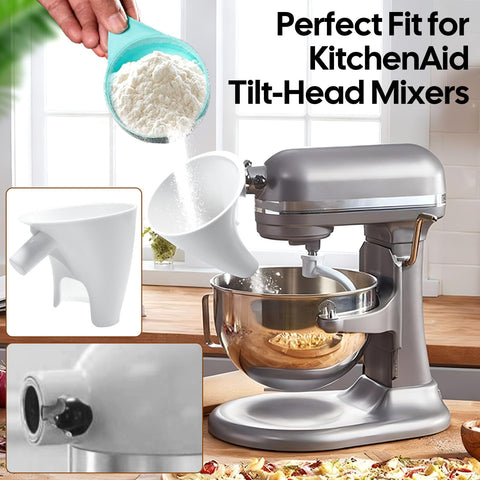 RWIXR flour funnel attached to tilt-head mixer for mess-free dry ingredient pouring