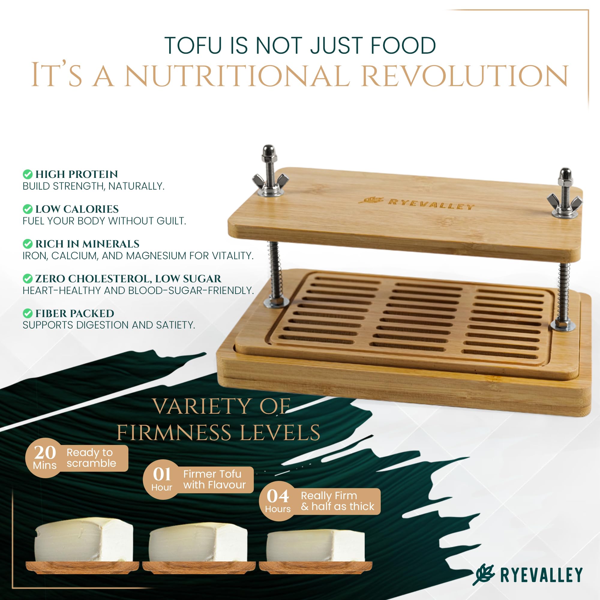 Ryevalley bamboo tofu press drain tray in action capturing draining water