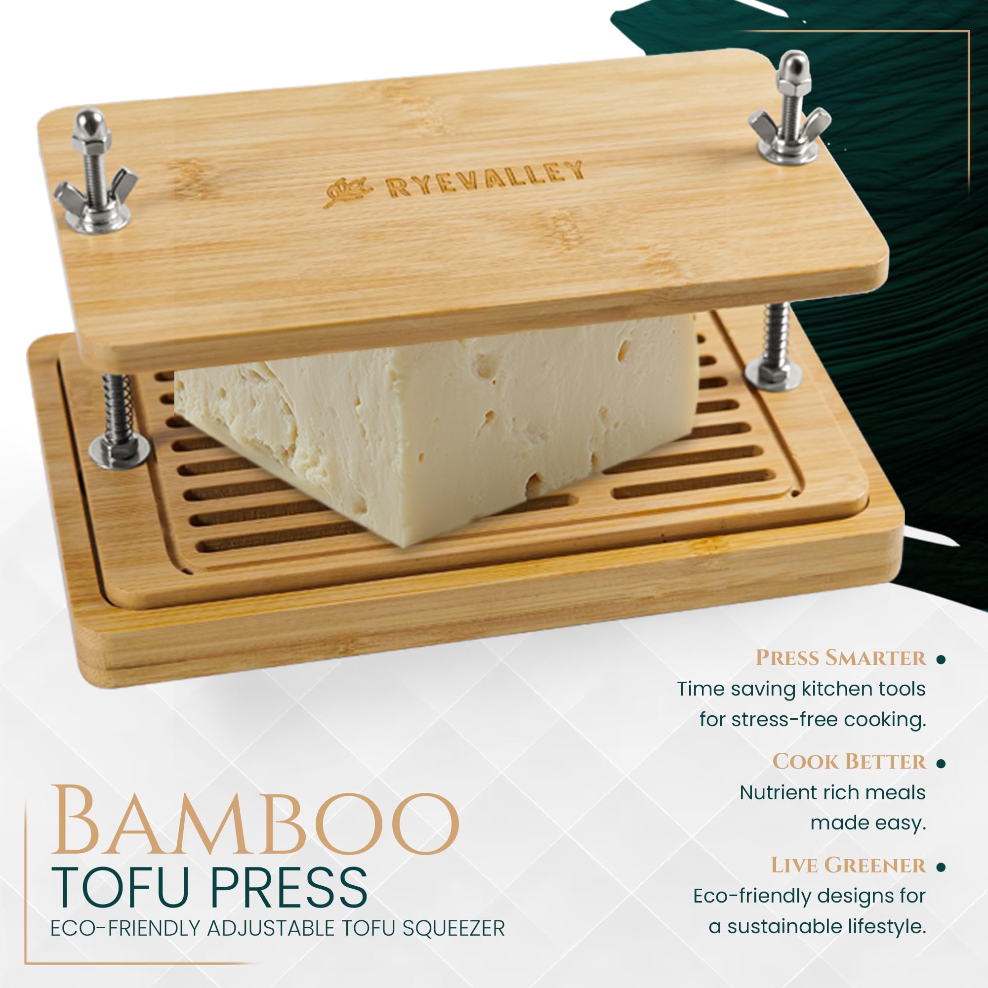 Ryevalley bamboo tofu press side view highlighting compact, eco-friendly design