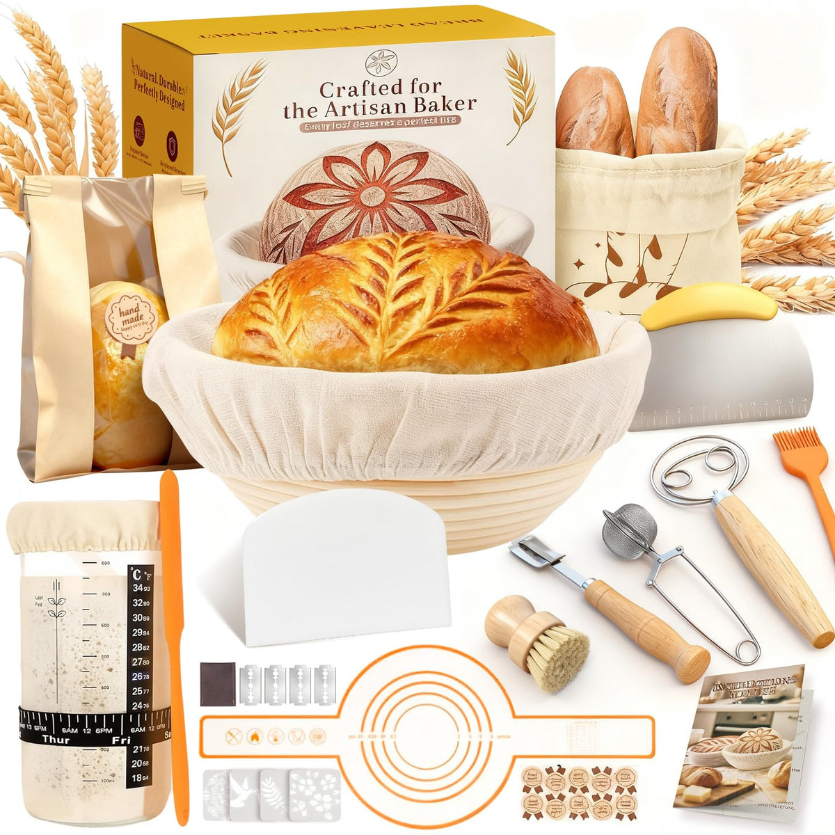 RYMTOX complete sourdough starter kit with round proofing basket for even dough shaping