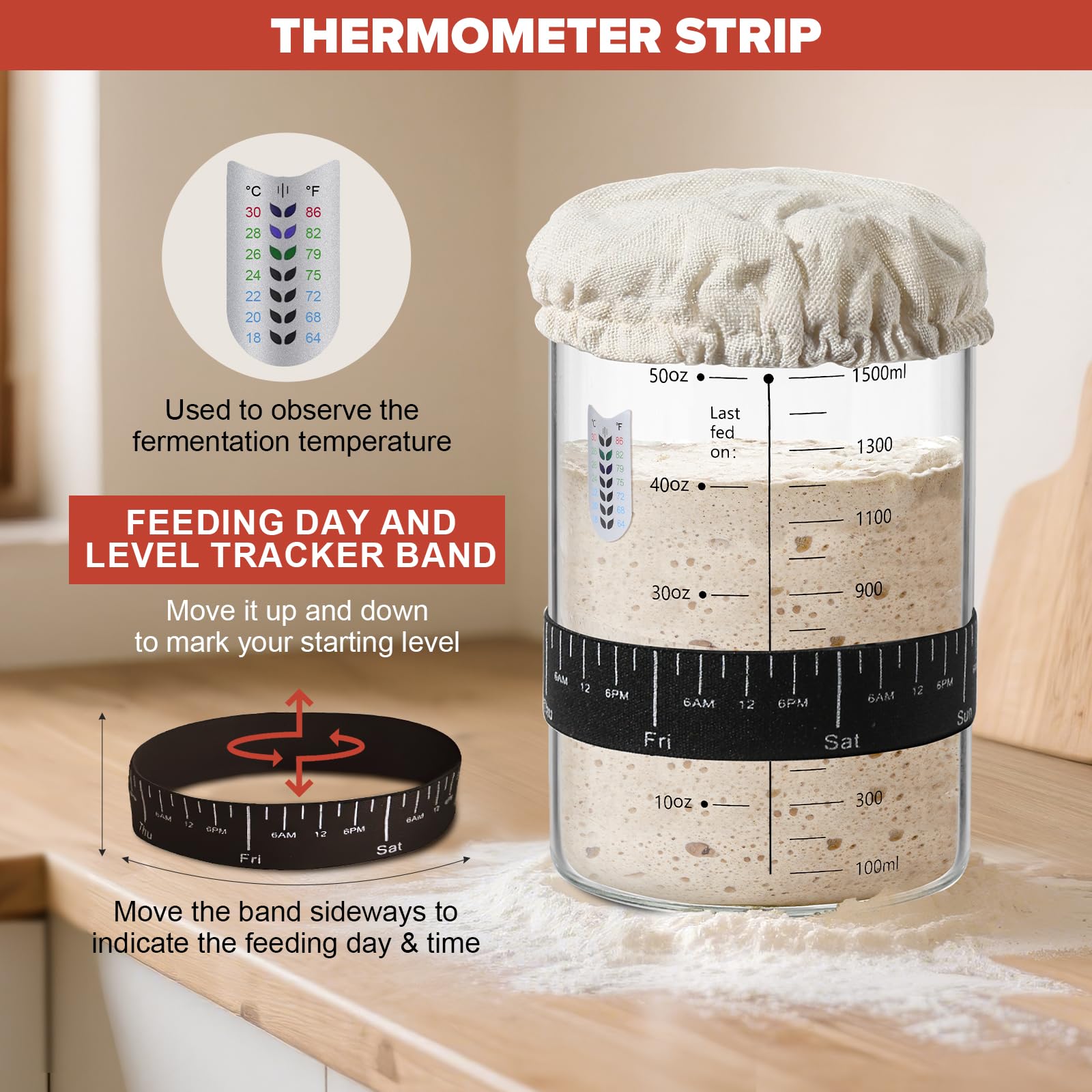 RYTOXILO temperature strip helps track starter warmth for consistent fermentation.