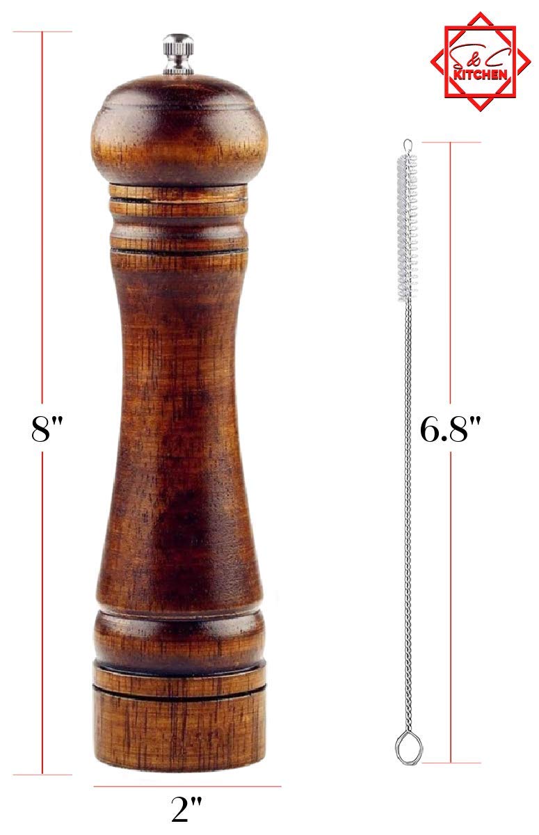 S&C Living pepper mill side view highlights ergonomic 8-inch design.