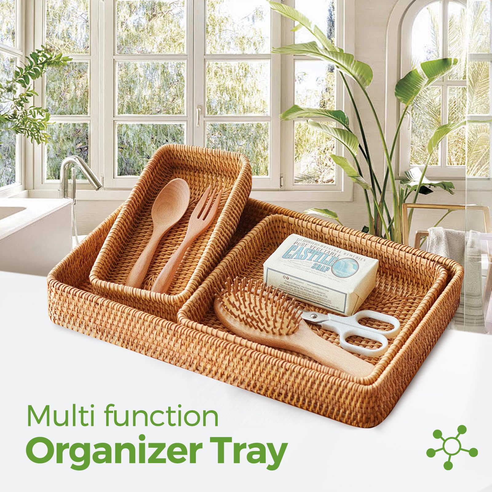 S310 rattan baskets in kitchen display for fruits and snacks.