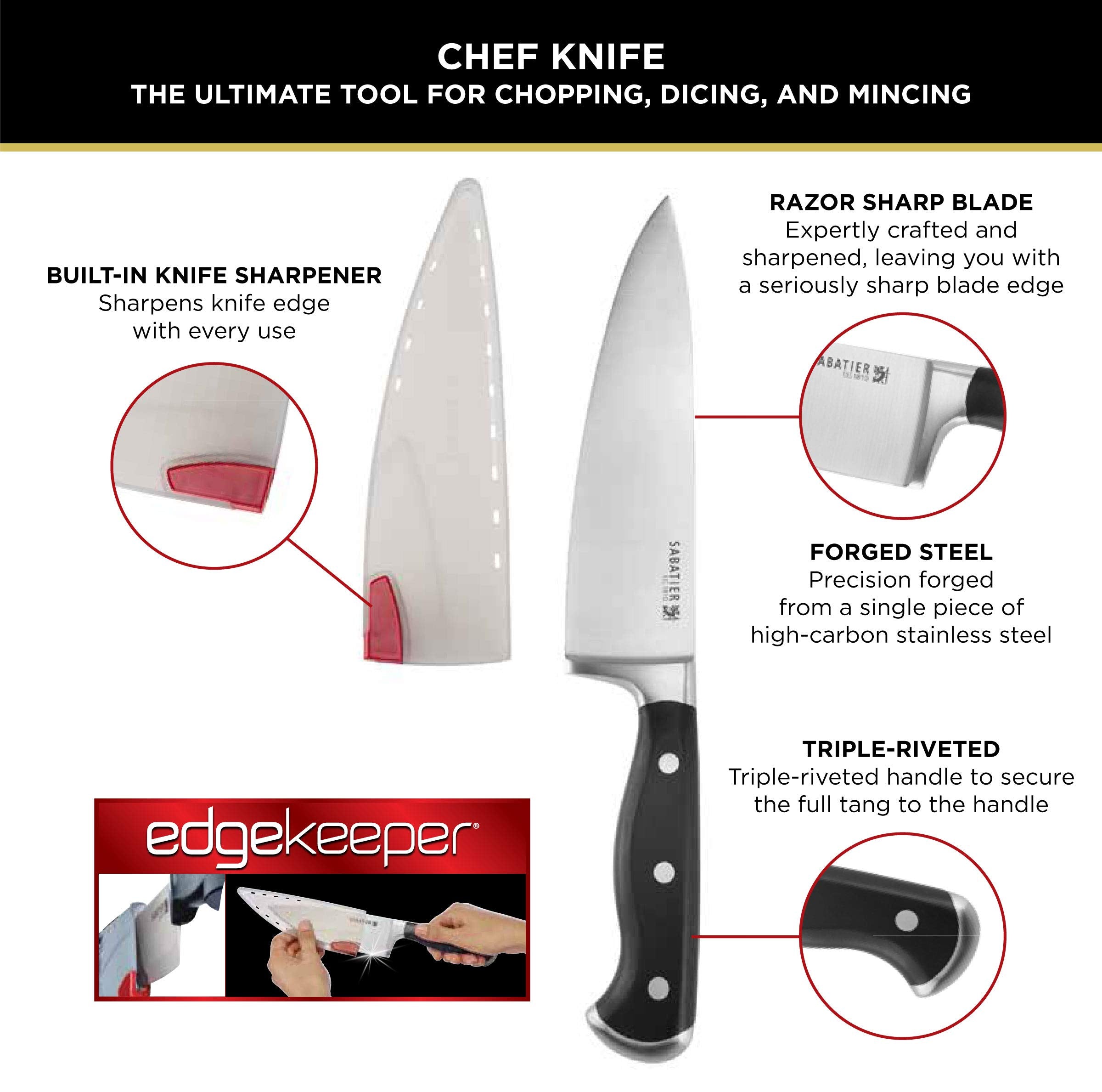 Sabatier EdgeKeeper knife razor sharp edge ensures clean cuts and efficiency.