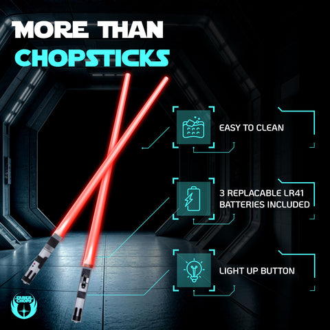 Saber Chops batteries included power the vibrant light saber chopsticks.