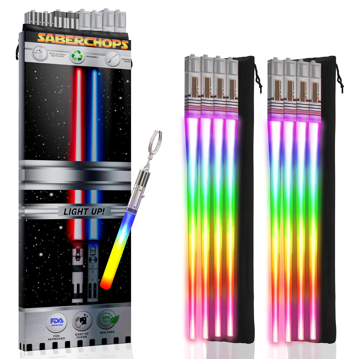Saber Chops Lightsaber chopsticks with blue glow illuminate sushi nights for fun meals.