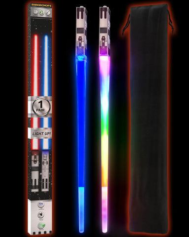 Saber Chops lightsaber chopsticks lit for exciting sushi dinners and party vibes.