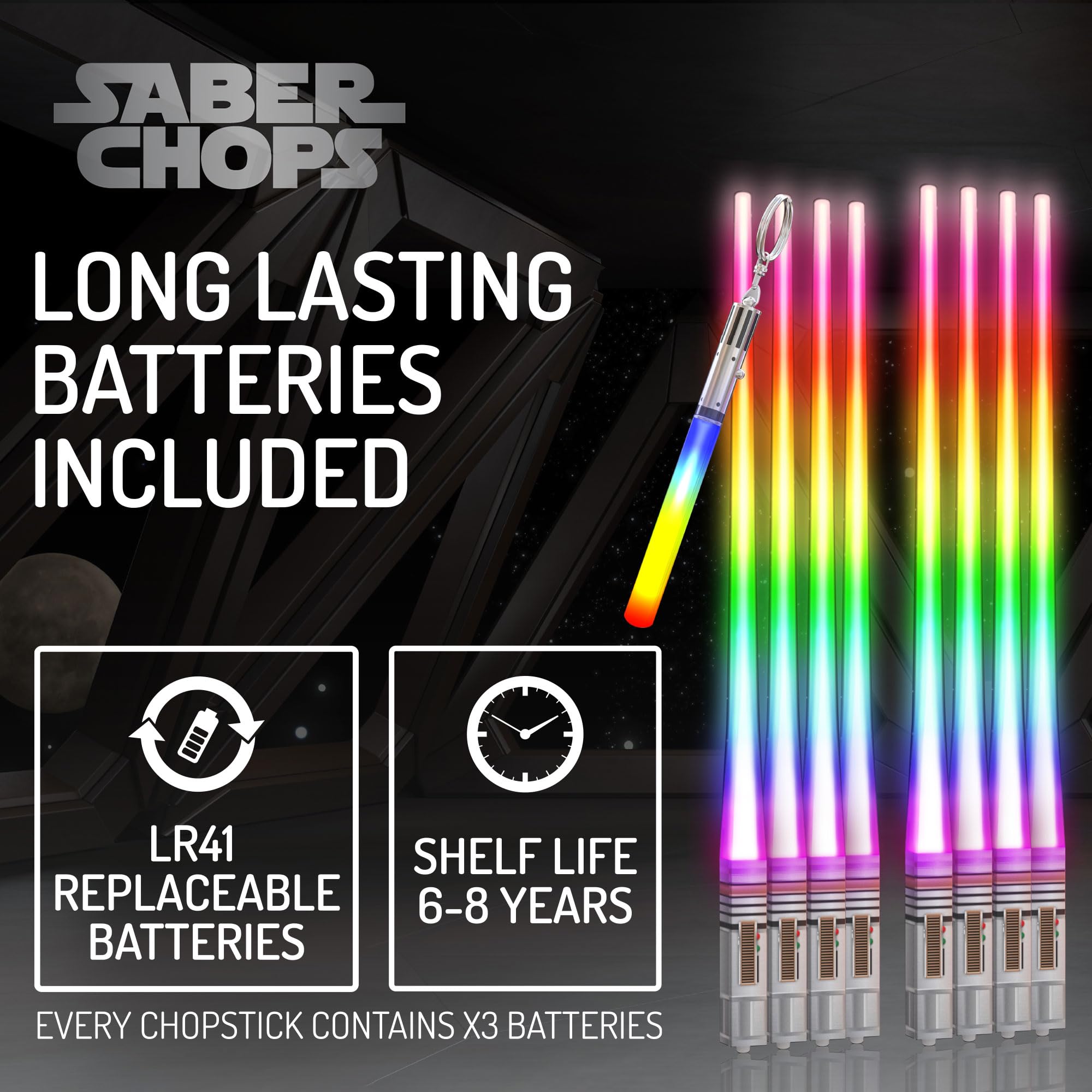 Saber Chops Lightsaber chopsticks on table glow during meals.