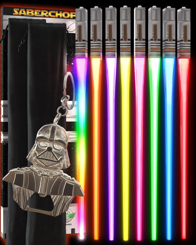 Saber Chops lightsaber chopsticks illuminate meals with eight color modes for playful dining.