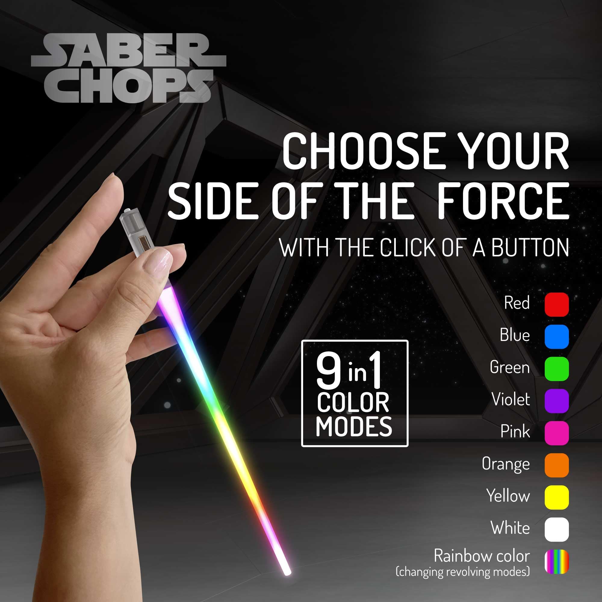 Saber Chops Lightsaber chopsticks power button easy on/off operation.