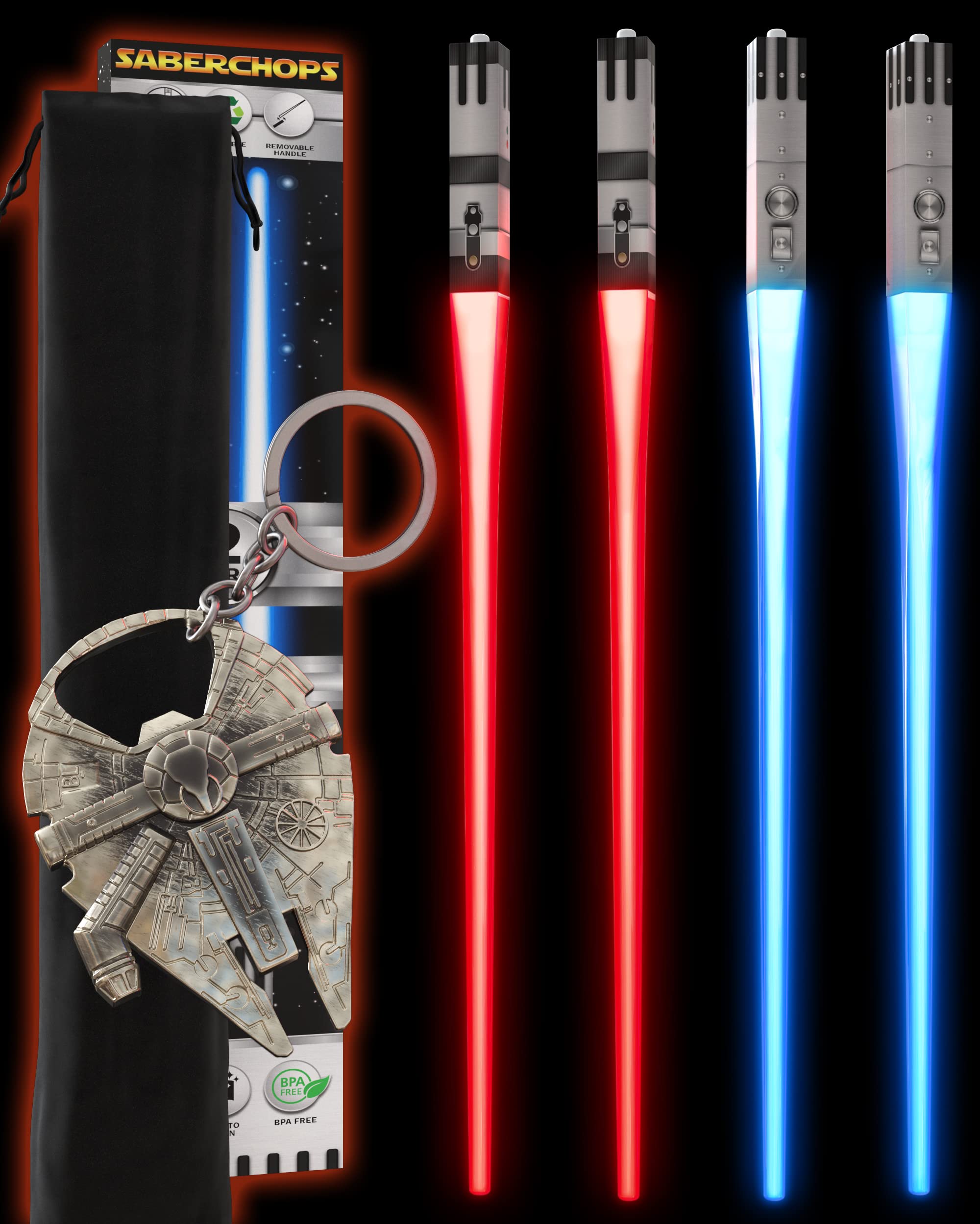 Saber Chops lightsaber chopsticks with red and blue blades for stylish sushi nights.