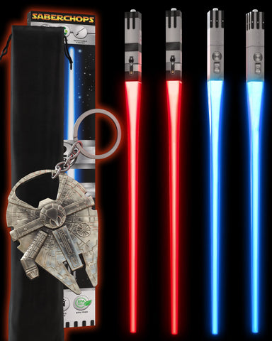 Saber Chops lightsaber chopsticks with red and blue blades for stylish sushi nights.