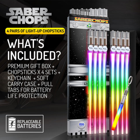 Saber Chops Lightsaber chopsticks show red glow for vibrant meals.