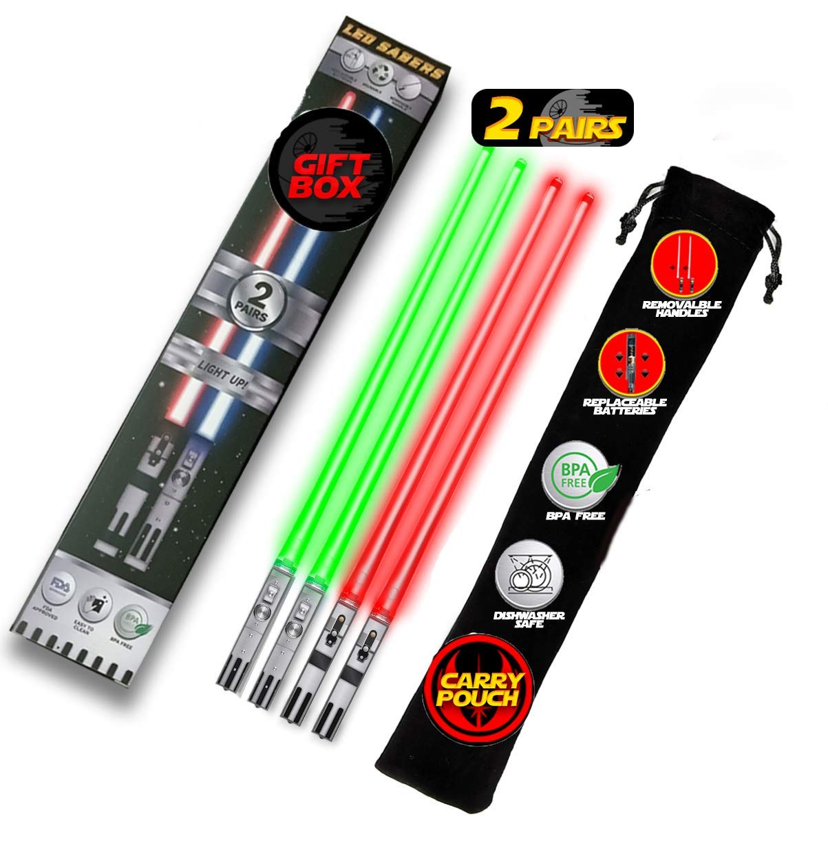 Saber Chops Lightsaber chopsticks illuminate meals with green and red LEDs.