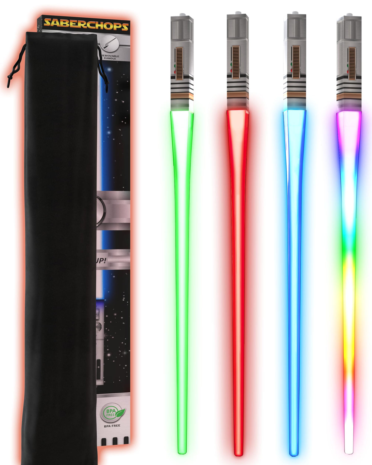 Saber Chops light-up chopsticks glow in red and blue for interactive dining.