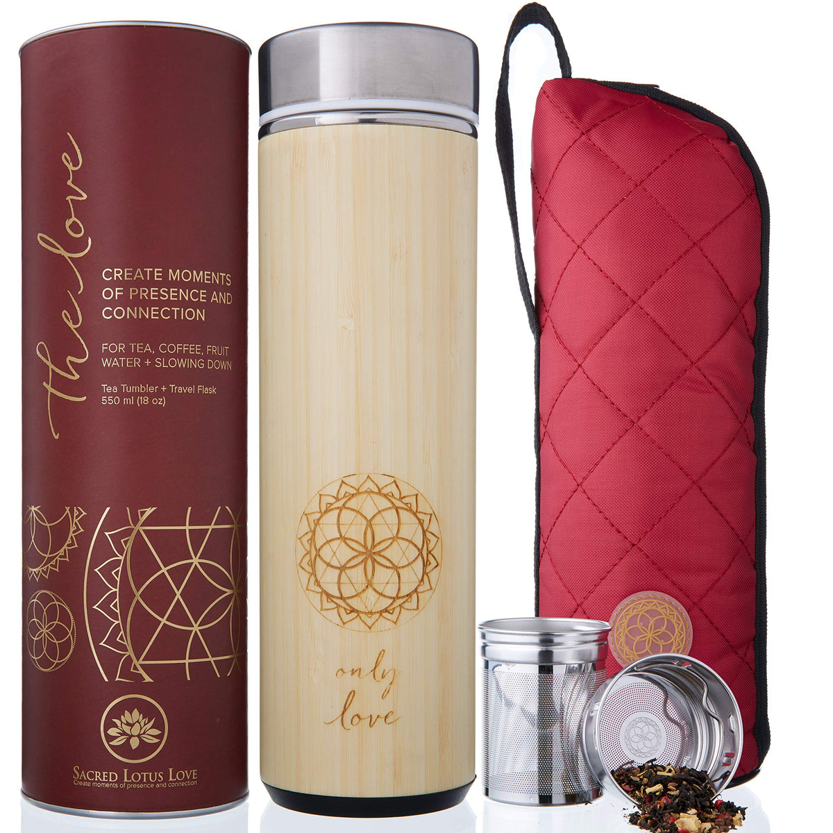 Sacred Lotus Love tumbler with bamboo exterior for stylish on-the-go tea and coffee.
