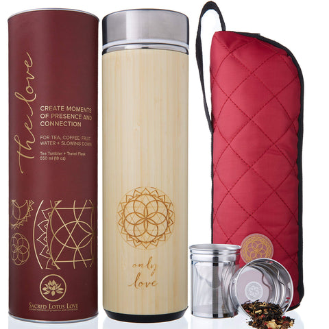 Sacred Lotus Love tumbler with bamboo exterior for stylish on-the-go tea and coffee.