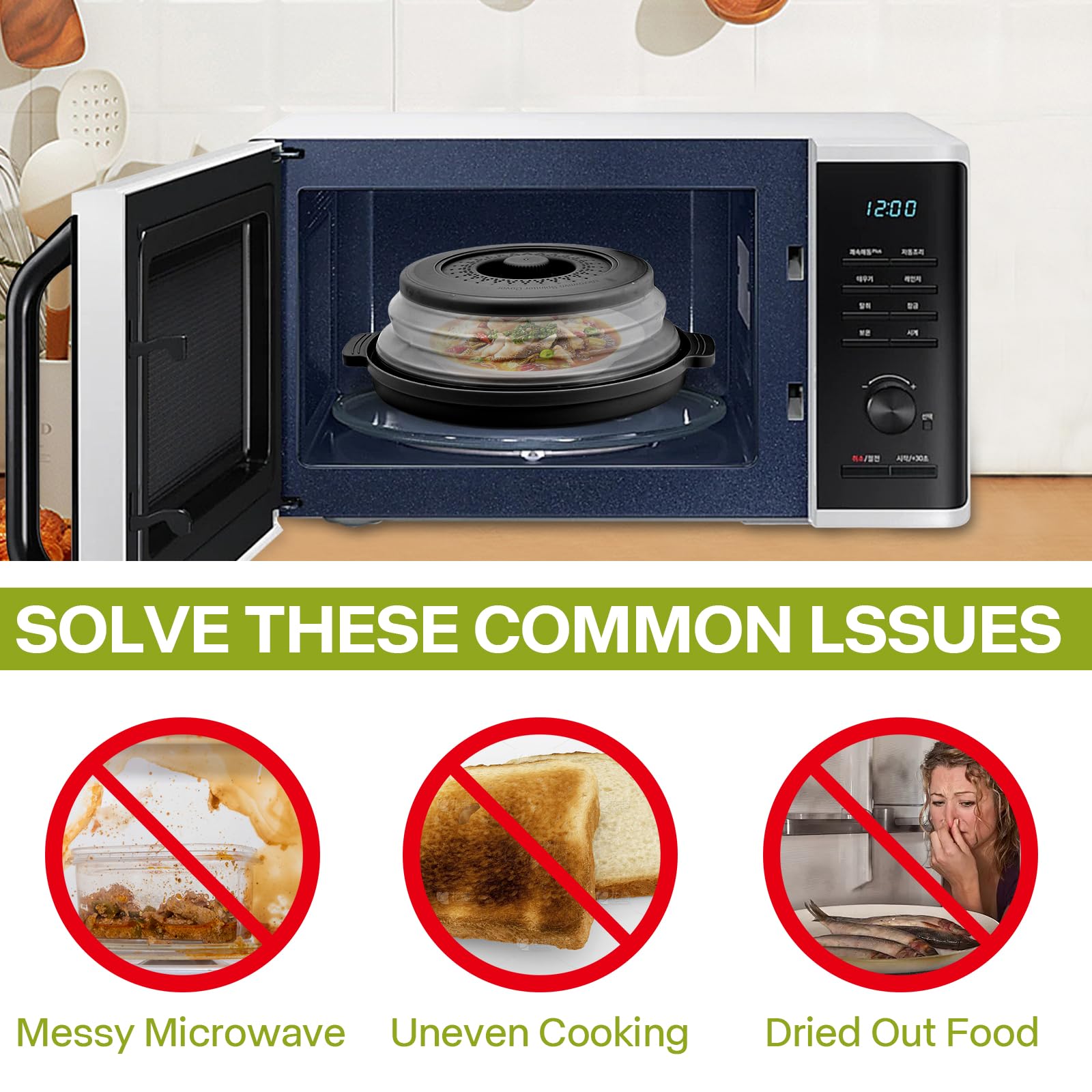 Saebume microwave splatter cover fits most 10.5-inch plates for versatile heating.