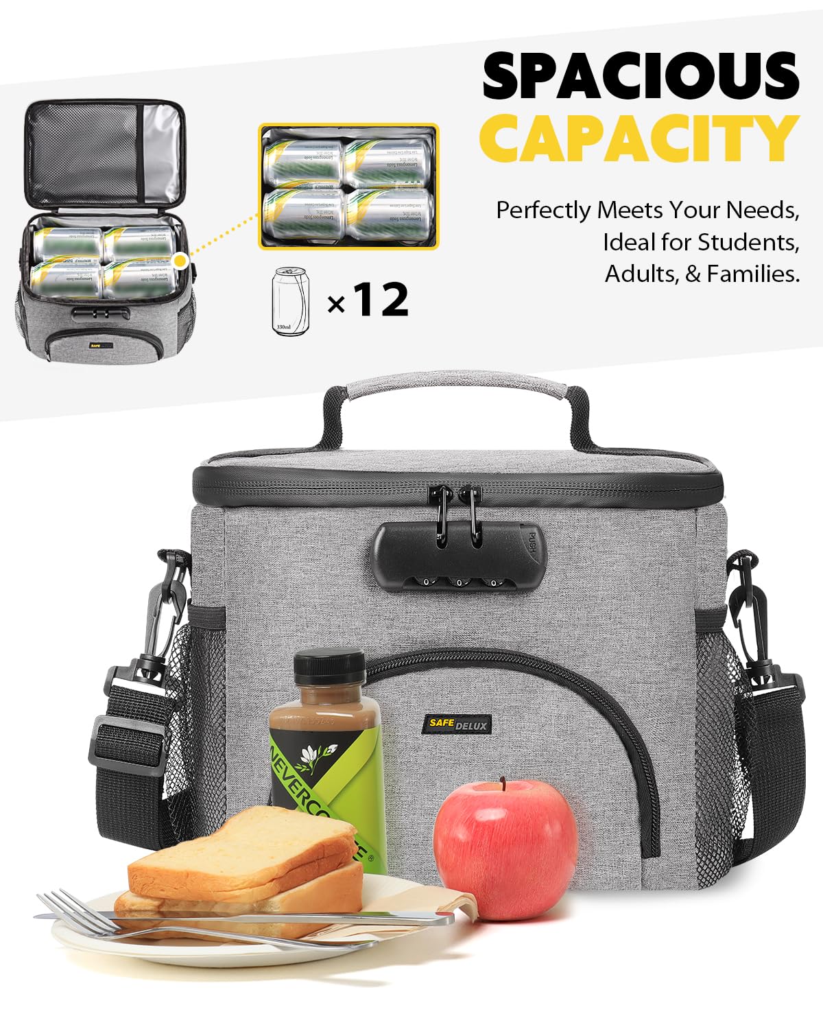 SafeDelux insulated lunch bag with adjustable strap offers versatile carrying options.