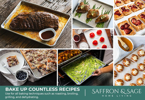 Saffron & Sage heavy-duty aluminum baking pan with reinforced rim resists warping.
