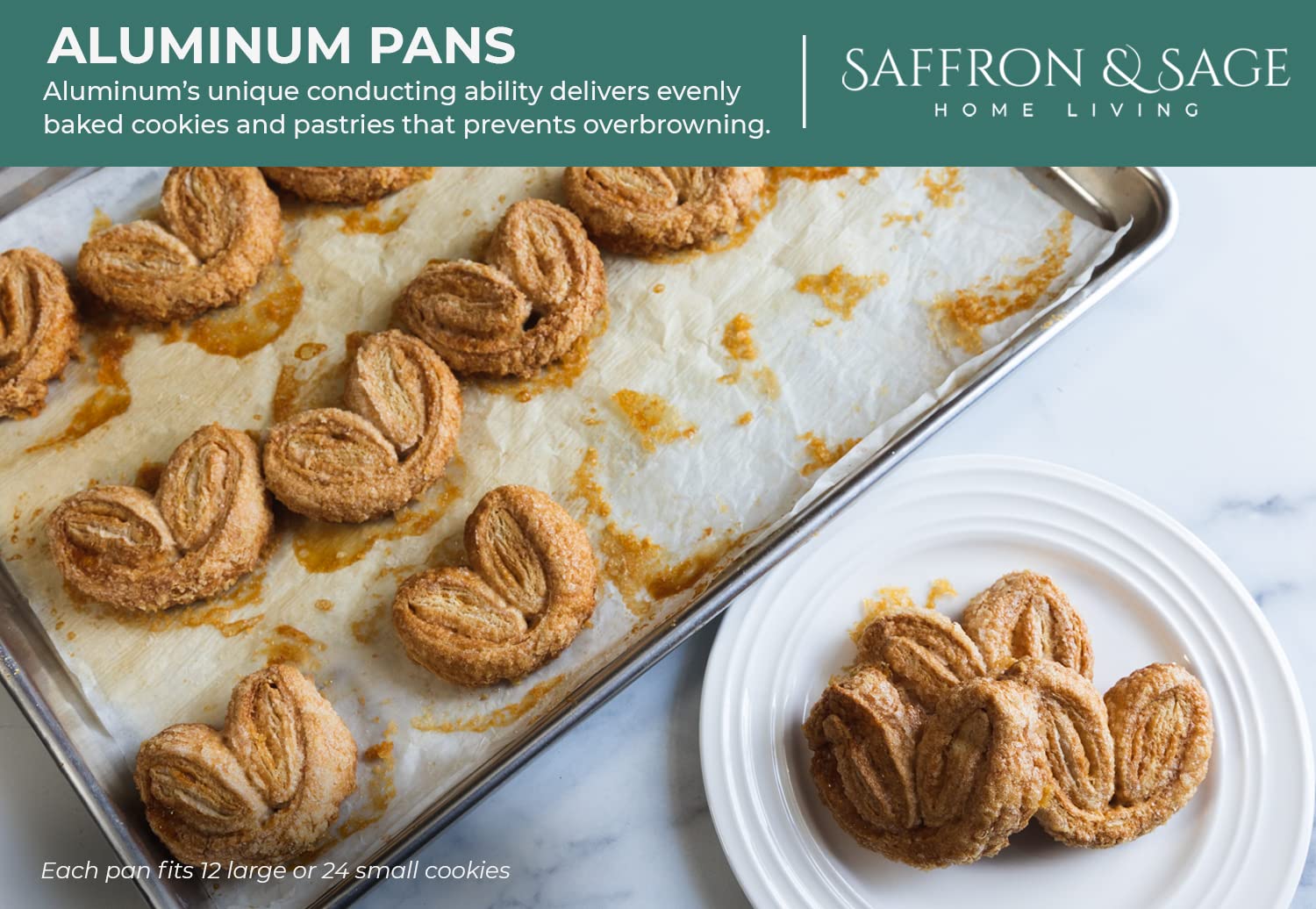 Saffron & Sage oven-safe baking pan withstands up to 500F for roasting.